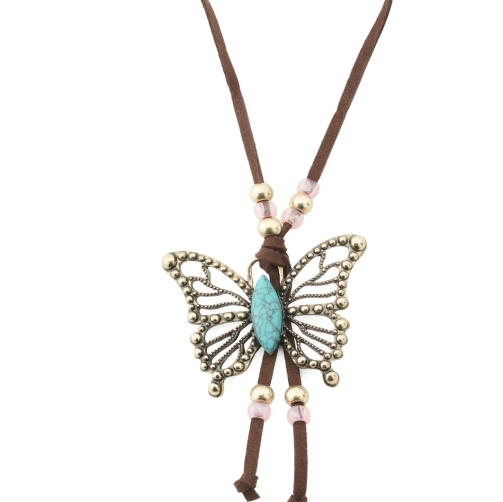 🦋▪️Betsey Johnson▪️Gold and Turquoise Boho Butterfly Suede Cord Necklace